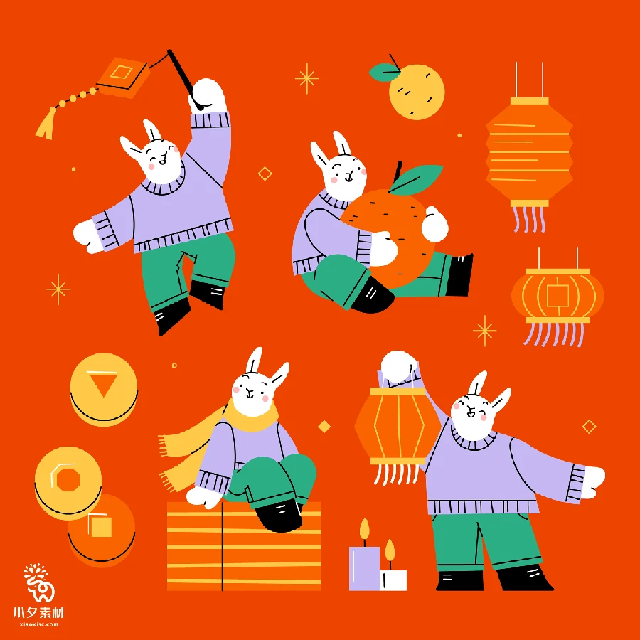 潮流趣味卡通可爱兔子兔年新年春节插画banner海报AI矢量设计素材【005】